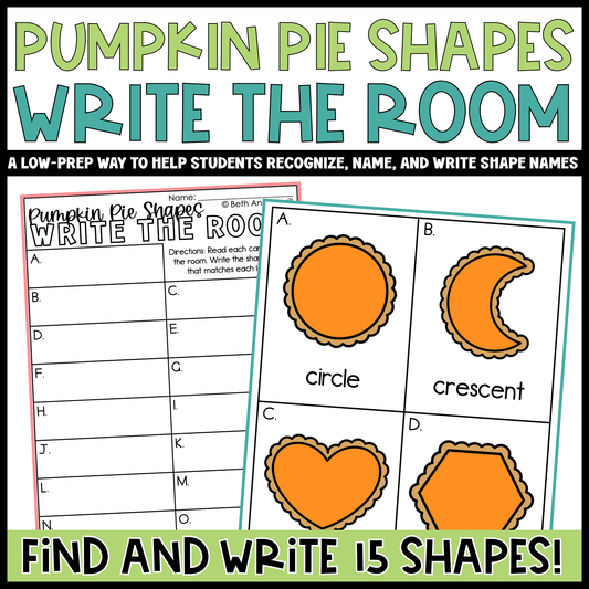 Pumpkin Pie Shapes Write the Room | 2D Shapes Recognition & Name Writing