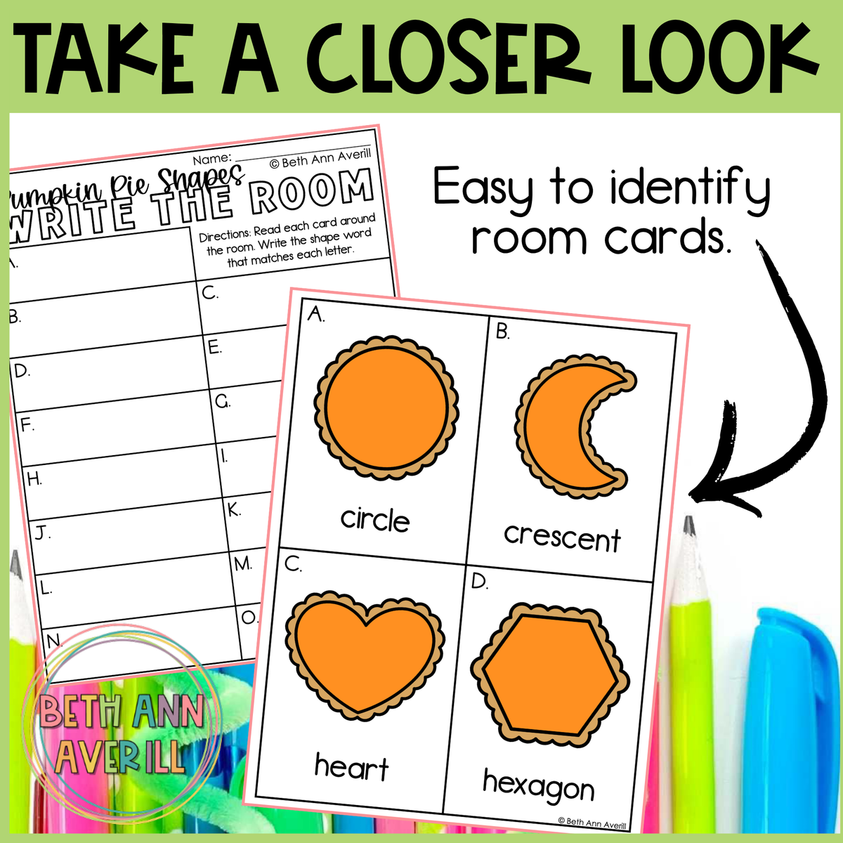 Pumpkin Pie Shapes Write the Room | 2D Shapes Recognition & Name Writing