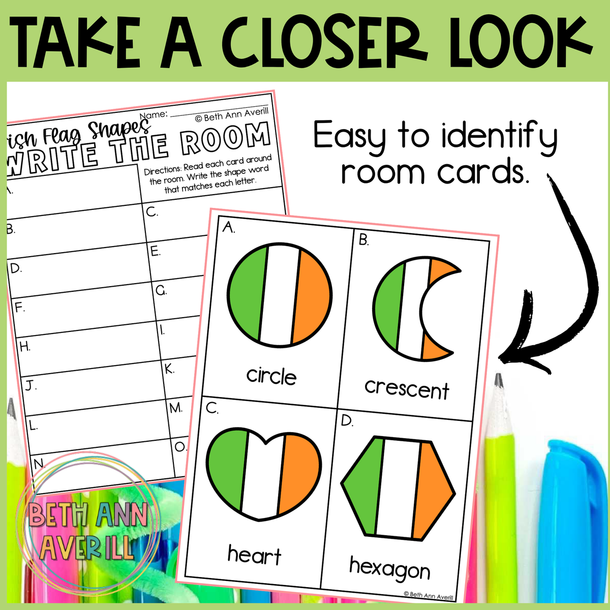 Irish Flag Shapes Write the Room | 2D Shapes Recognition & Name Writing