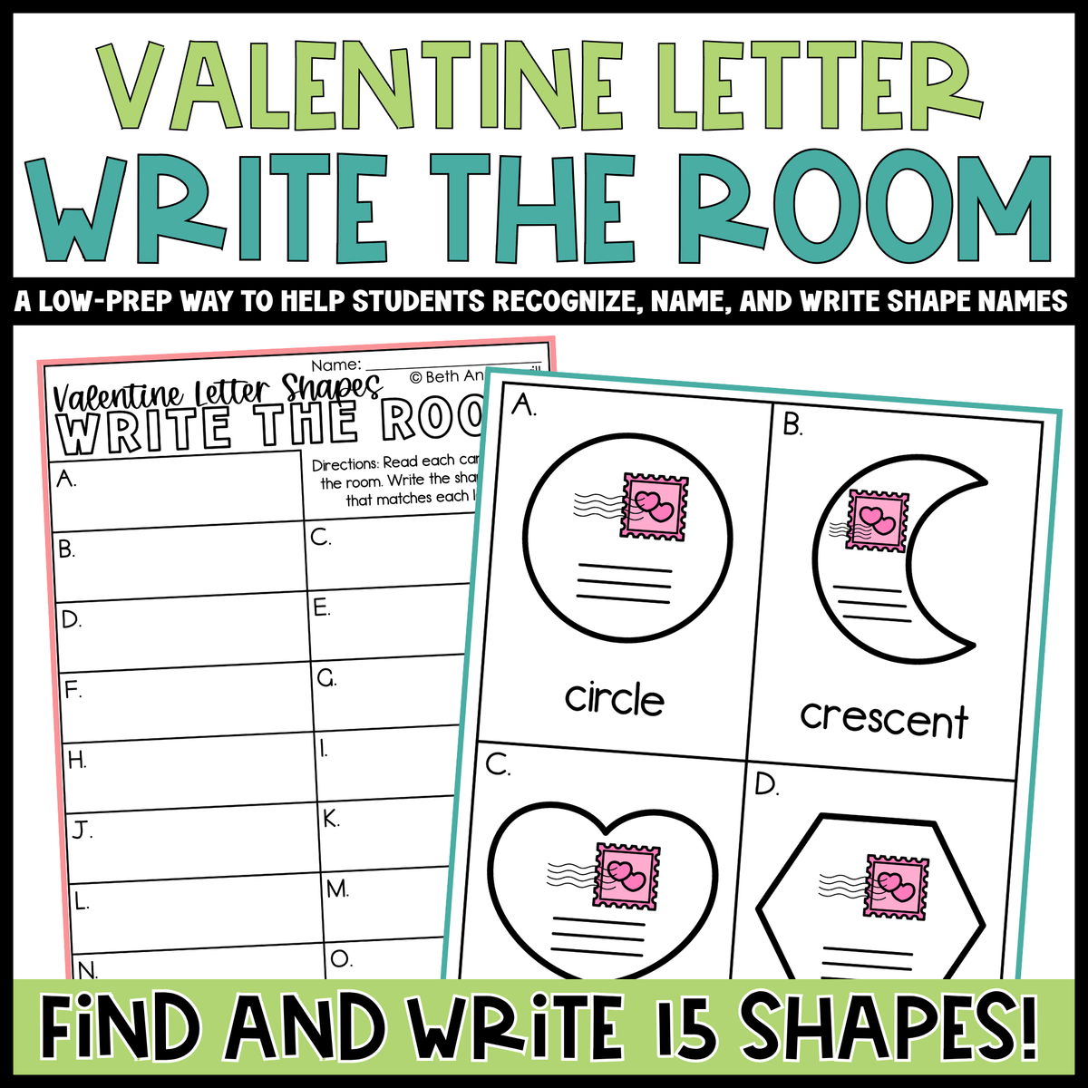 Valentine Letter Shapes Write the Room | 2D Shapes Recognition & Name Writing