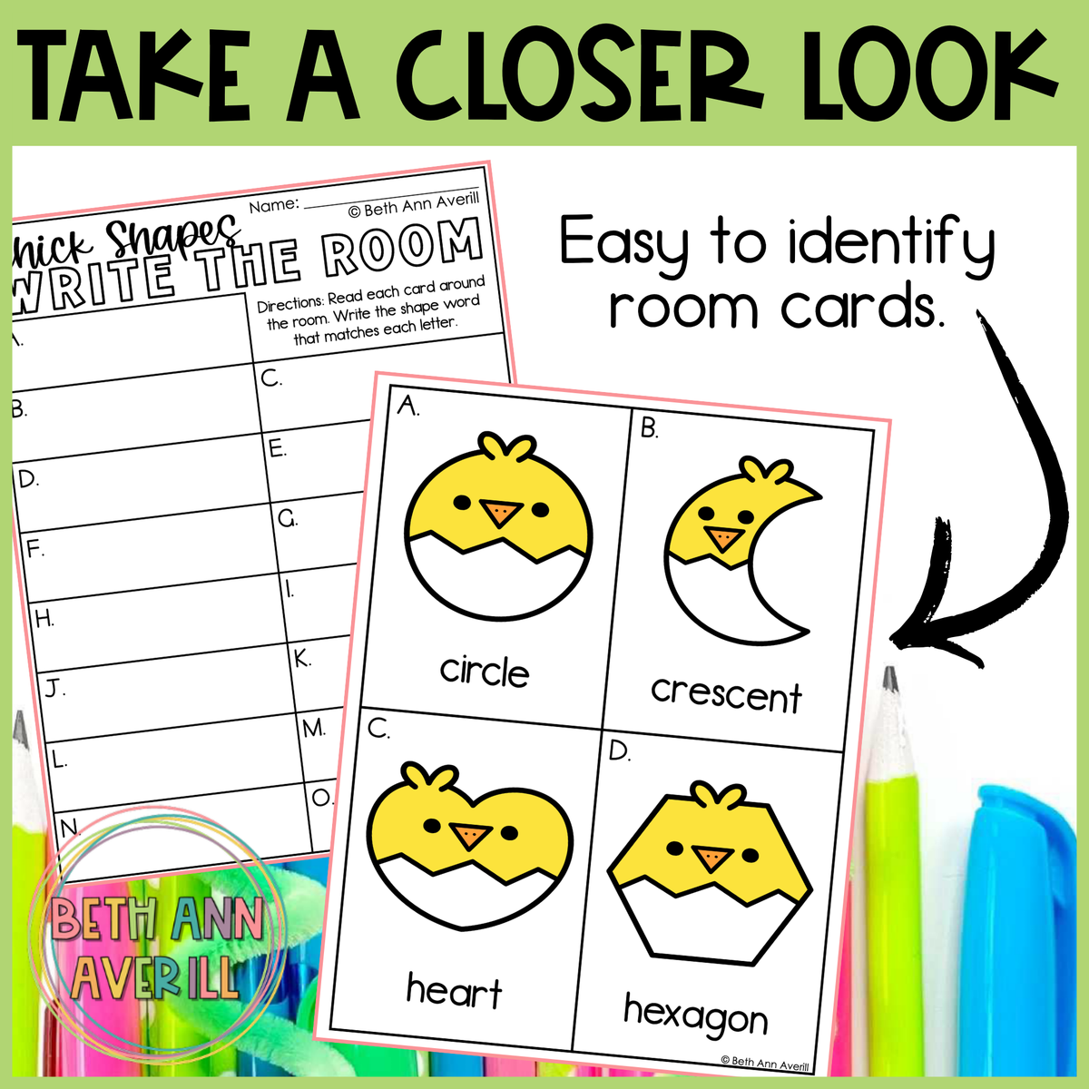Chick Shapes Write the Room | 2D Shapes Recognition & Name Writing