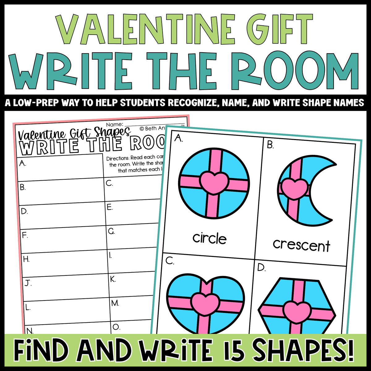 Valentine Gifts Shapes Write the Room | 2D Shapes Recognition & Name Writing