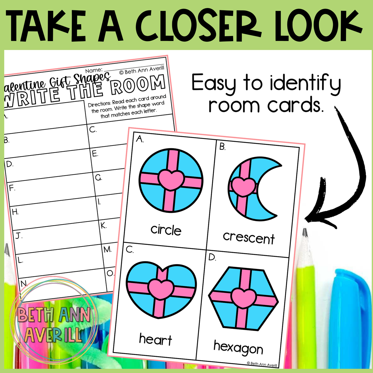 Valentine Gifts Shapes Write the Room | 2D Shapes Recognition & Name Writing