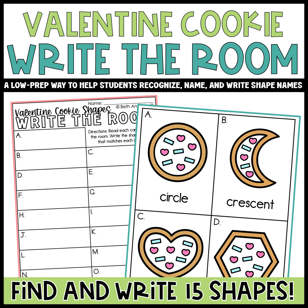 Valentine Cookie Shapes Write the Room | 2D Shapes Recognition & Name Writing