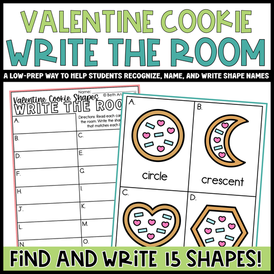 Valentine Cookie Shapes Write the Room | 2D Shapes Recognition & Name Writing