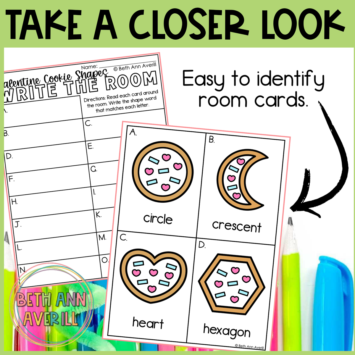 Valentine Cookie Shapes Write the Room | 2D Shapes Recognition & Name Writing