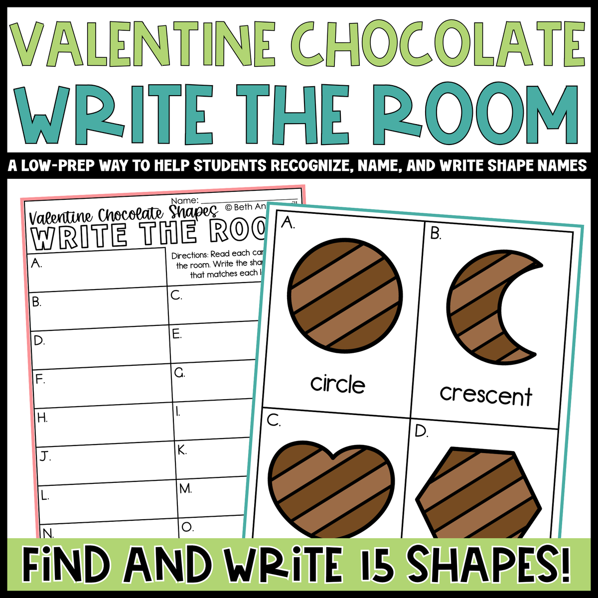 Valentine Chocolate Shapes Write the Room | 2D Shapes Recognition & Name Writing
