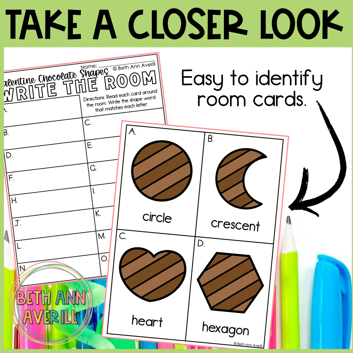 Valentine Chocolate Shapes Write the Room | 2D Shapes Recognition & Name Writing