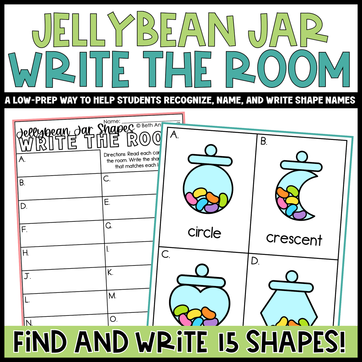Jellybean Jar Shapes Write the Room | 2D Shapes Recognition & Name Writing