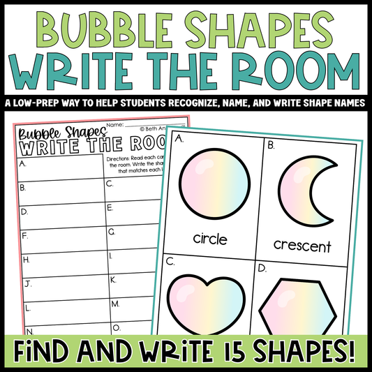 Bubble Shapes Write the Room | 2D Shapes Recognition & Name Writing