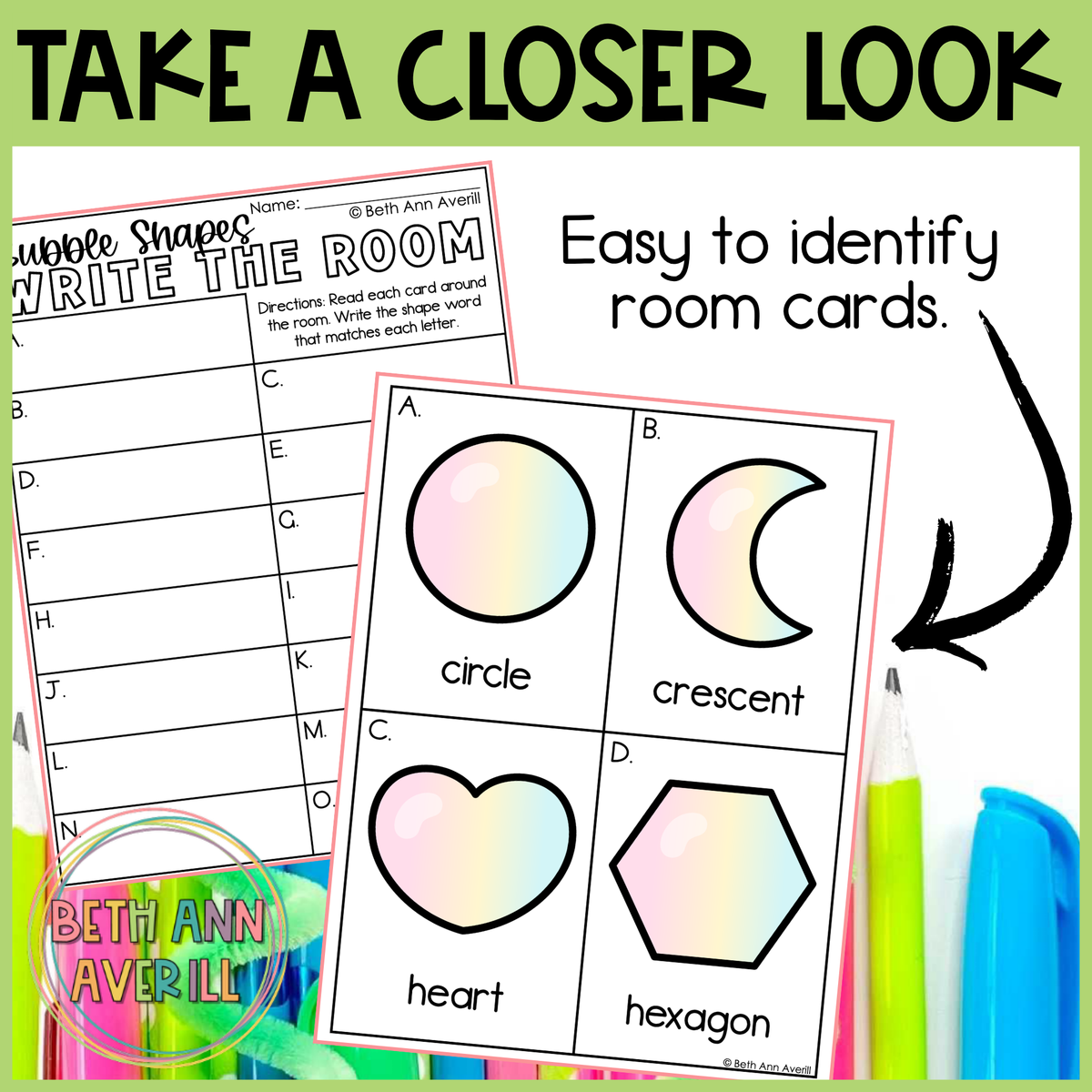 Bubble Shapes Write the Room | 2D Shapes Recognition & Name Writing