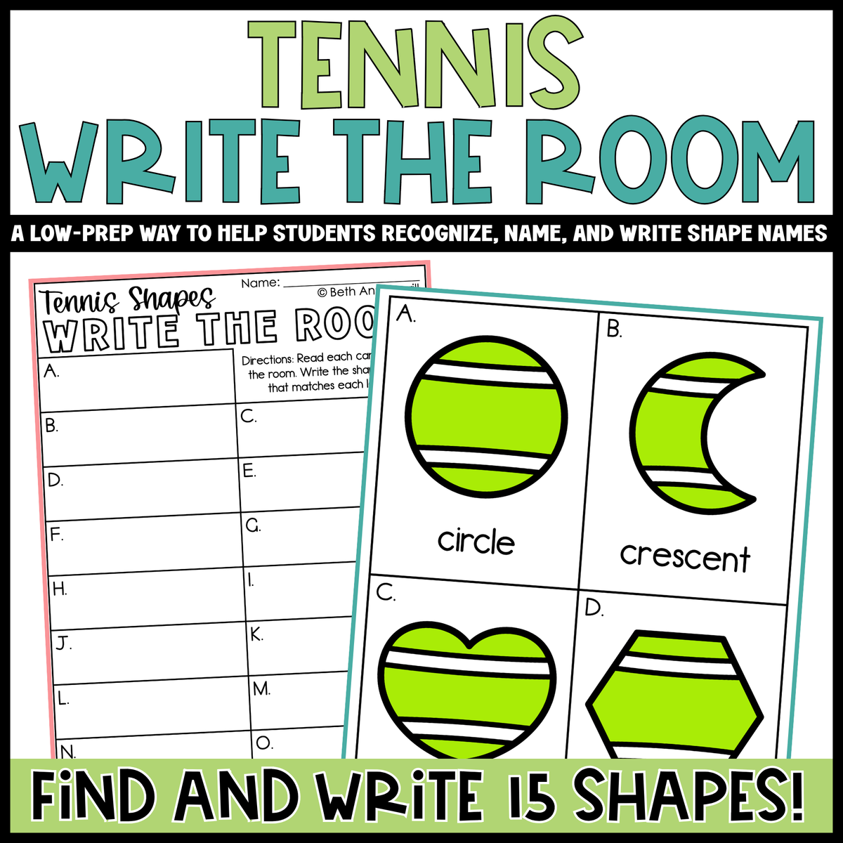 Tennis Shapes Write the Room | 2D Shapes Recognition & Name Writing