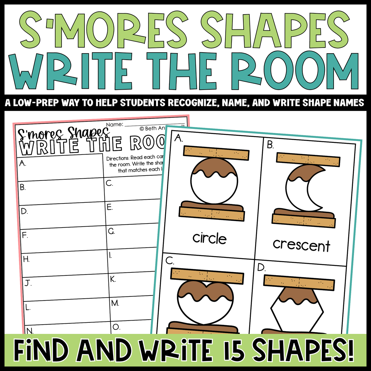 S'mores Shapes Write the Room | 2D Shapes Recognition & Name Writing