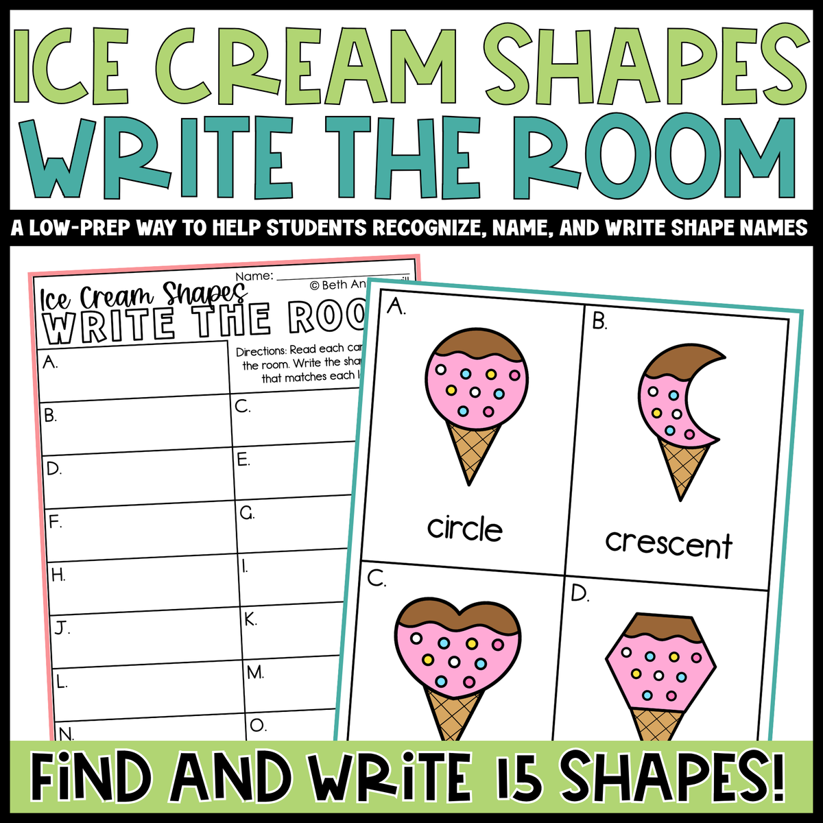 Ice Cream Shapes Write the Room | 2D Shapes Recognition & Name Writing