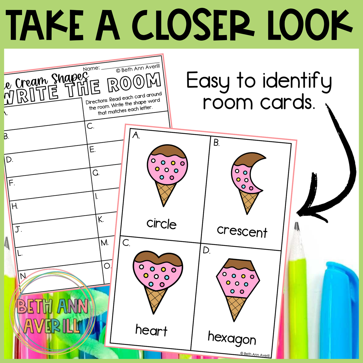 Ice Cream Shapes Write the Room | 2D Shapes Recognition & Name Writing
