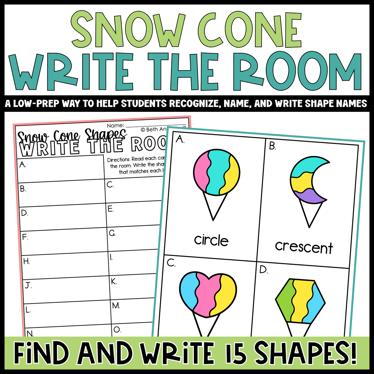 Snowcone Shapes Write the Room | 2D Shapes Recognition & Name Writing