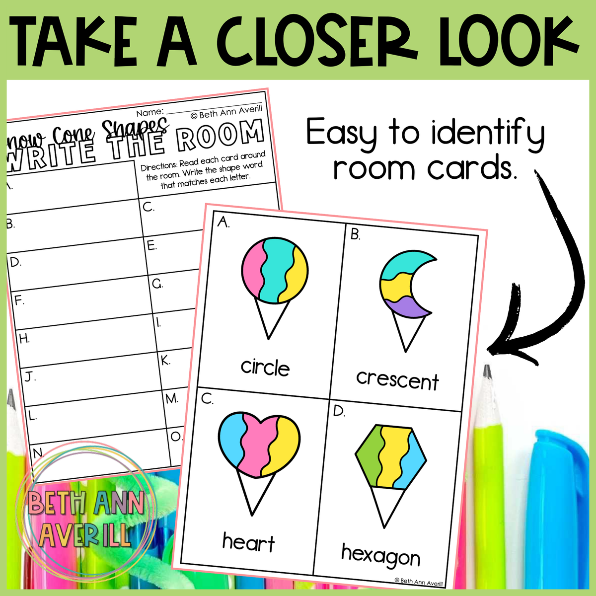 Snowcone Shapes Write the Room | 2D Shapes Recognition & Name Writing