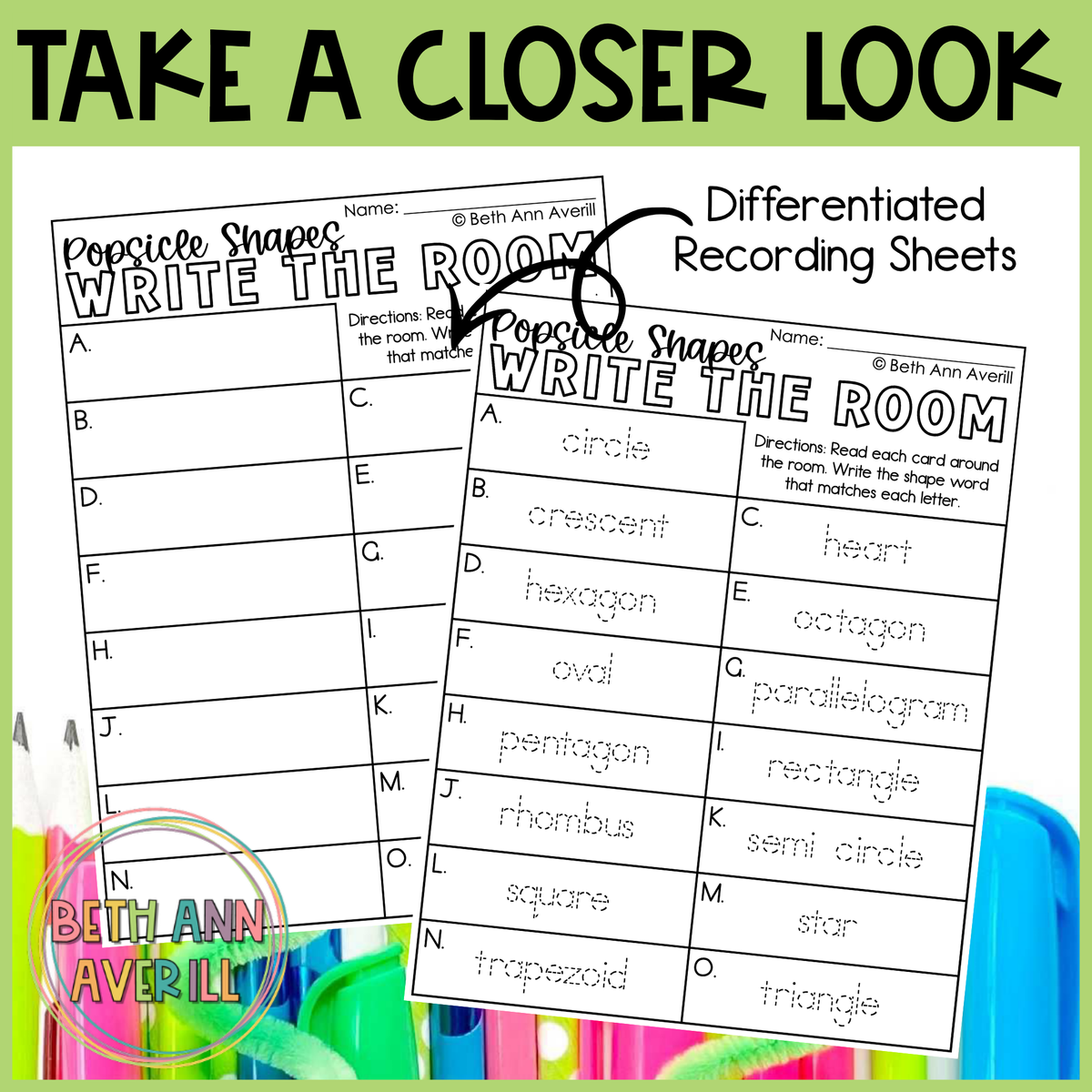 Popsicle Shapes Write the Room | 2D Shapes Recognition & Name Writing