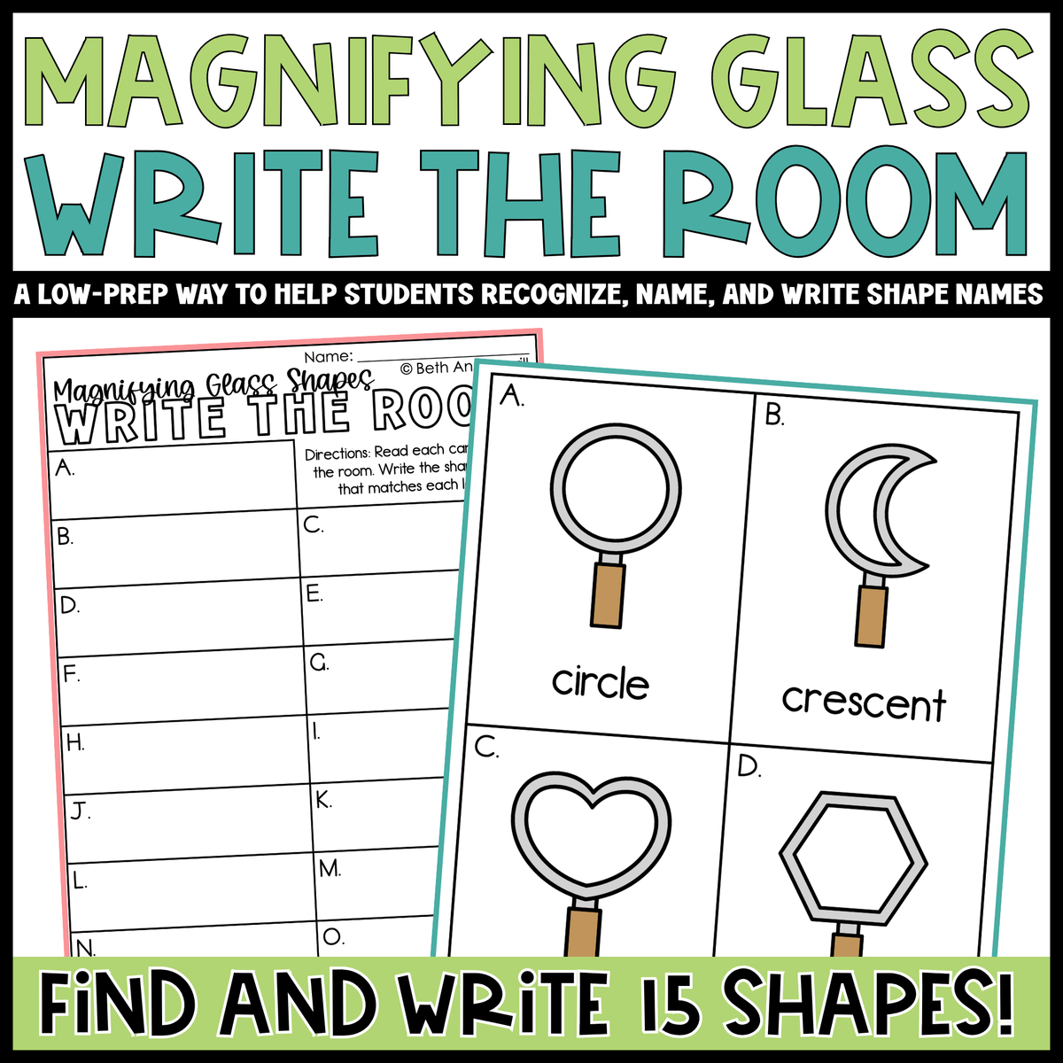 Magnifying Glass Shapes Write the Room | 2D Shapes Recognition & Name Writing