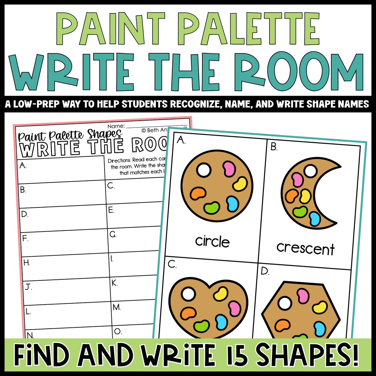 Paint Palette Shapes Write the Room | 2D Shapes Recognition & Name Writing