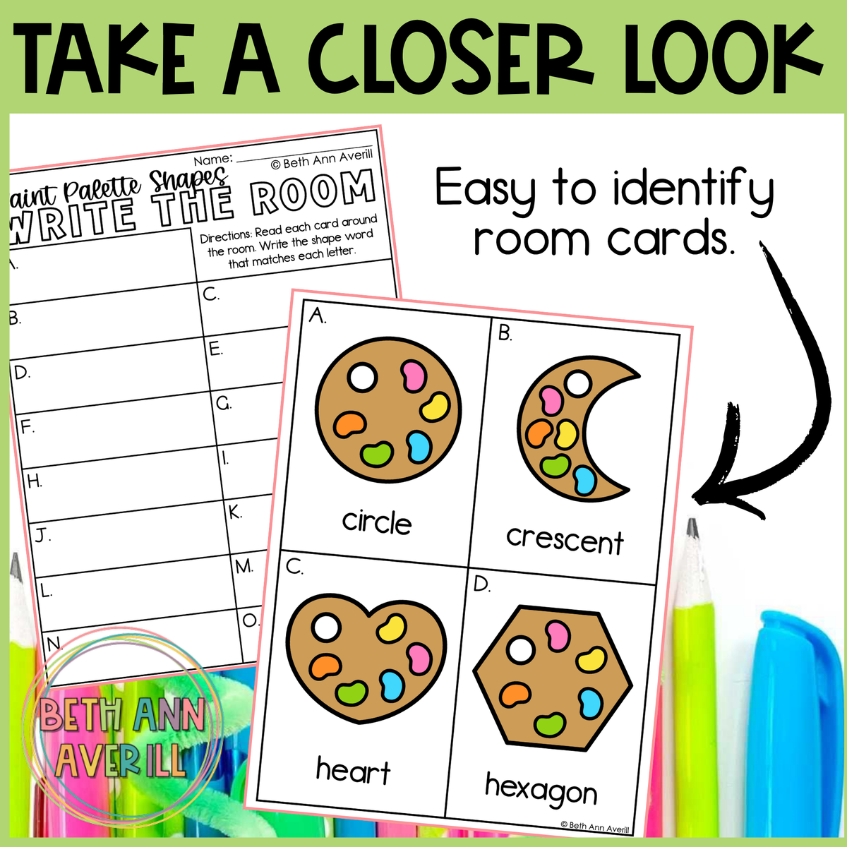 Paint Palette Shapes Write the Room | 2D Shapes Recognition & Name Writing