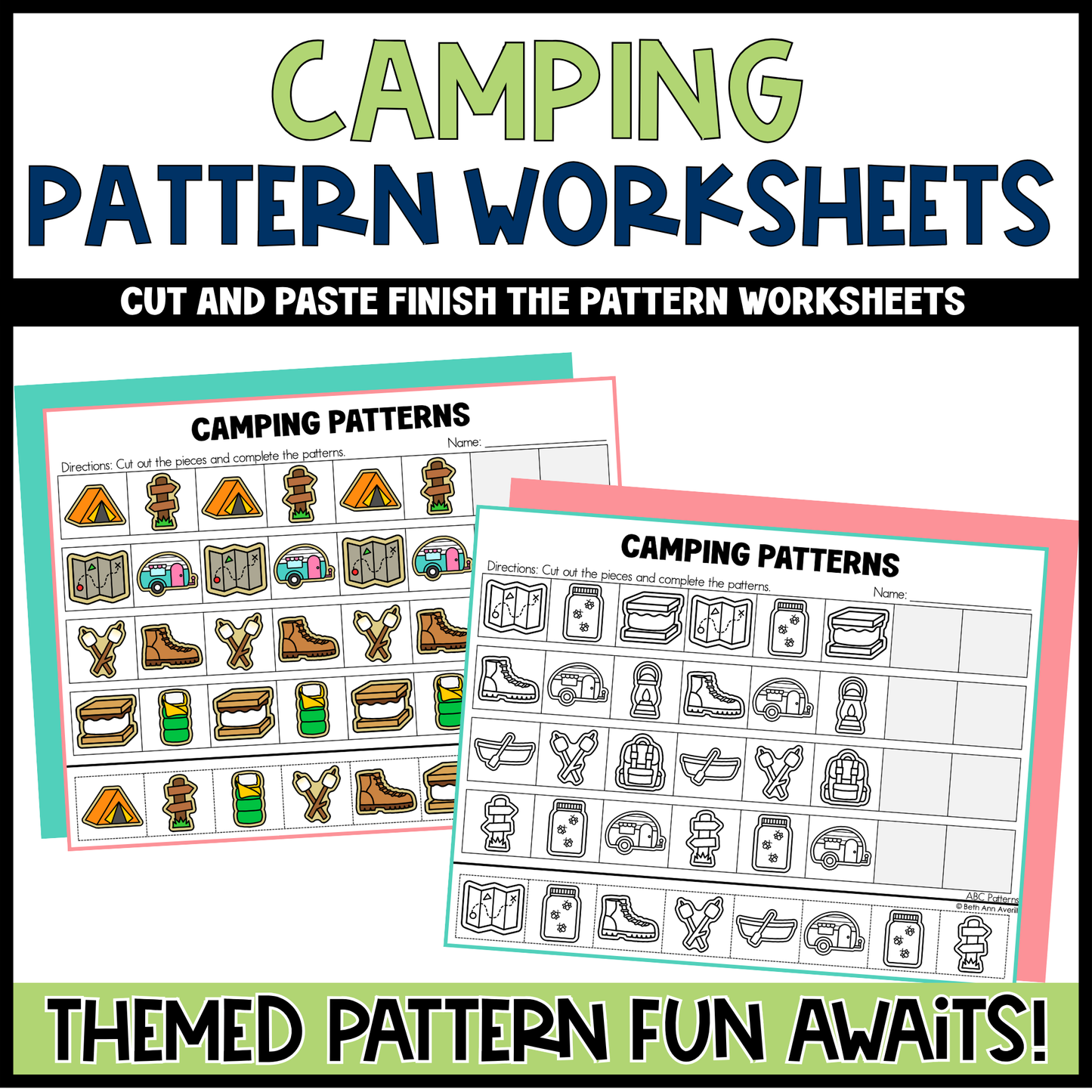 Camping pattern worksheets with cut and paste activity on a white background