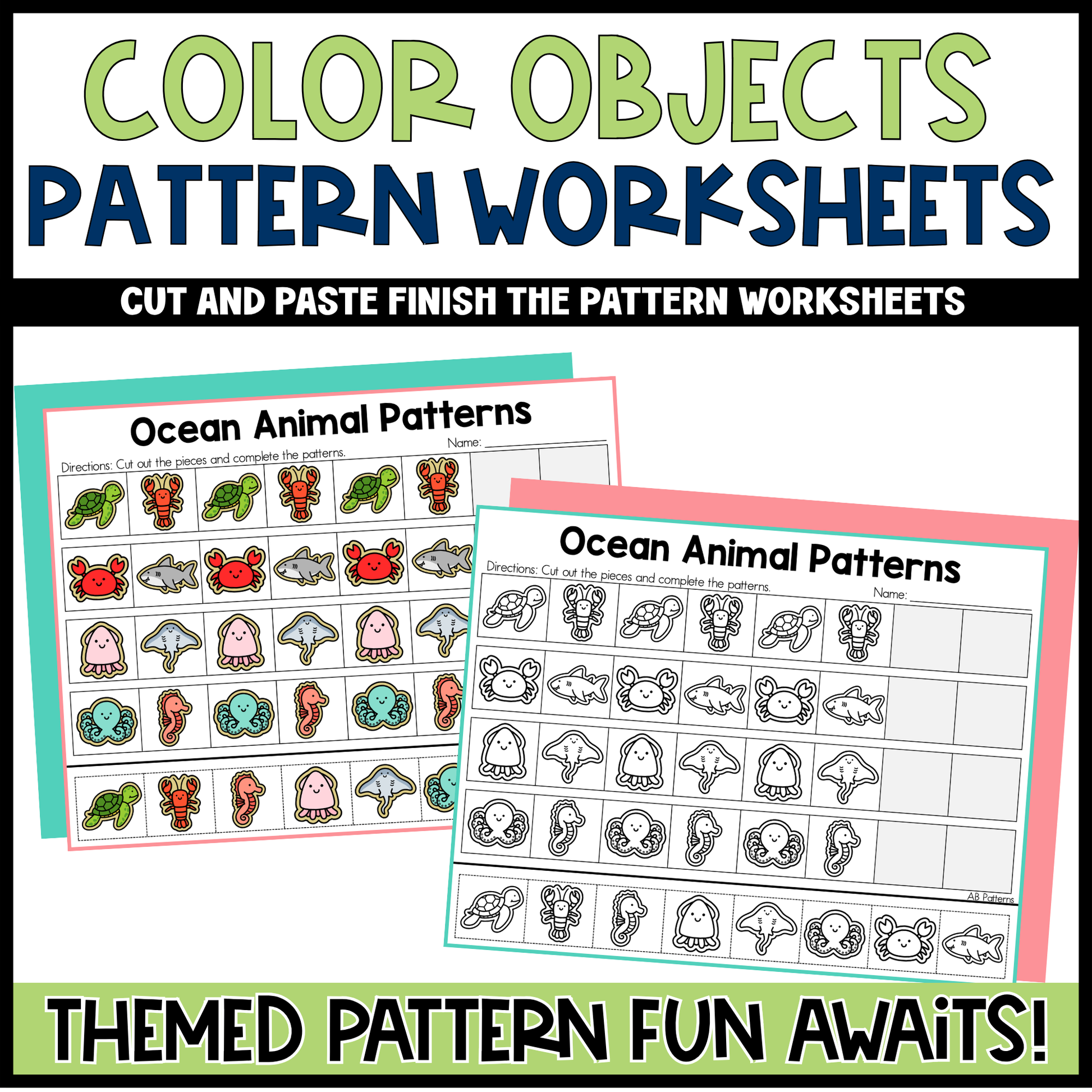 Color objects pattern worksheets with ocean animal theme on a white background