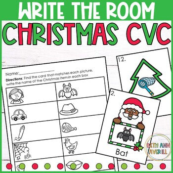 Christmas CVC Write the Room for Kindergarten Writing Center with Short Vowels