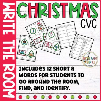 Christmas CVC Write the Room for Kindergarten Writing Center with Short Vowels