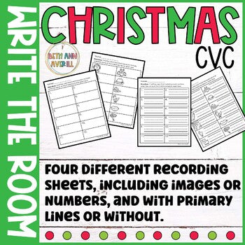 Christmas CVC Write the Room for Kindergarten Writing Center with Short Vowels