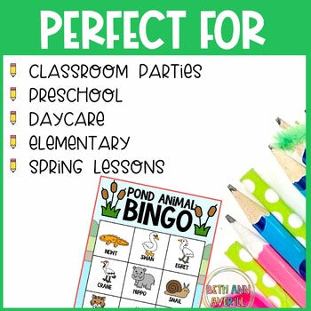 Pond Animals Activities Spring Bingo Cards for Preschoolers