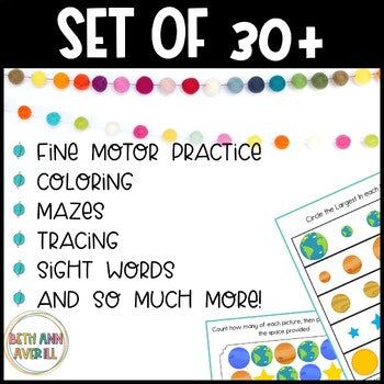 Space Week Preschool and Outer Space Math Worksheets for National Space Day