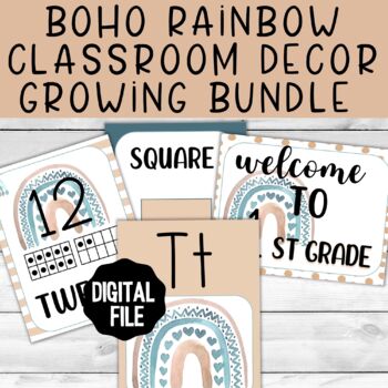 Boho Rainbow Blue Classroom Decor Growing Bundle