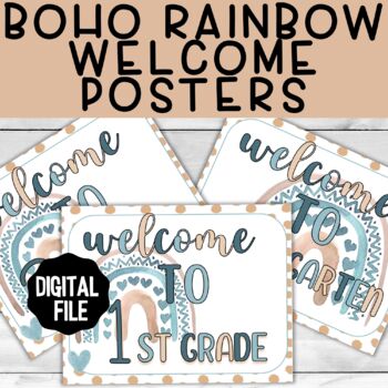 Boho Rainbow Blue Welcome Signs Neutral Rainbow Classroom Decor