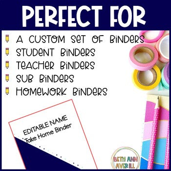 Editable Student Binder Covers in Navy Mint and Blush Theme