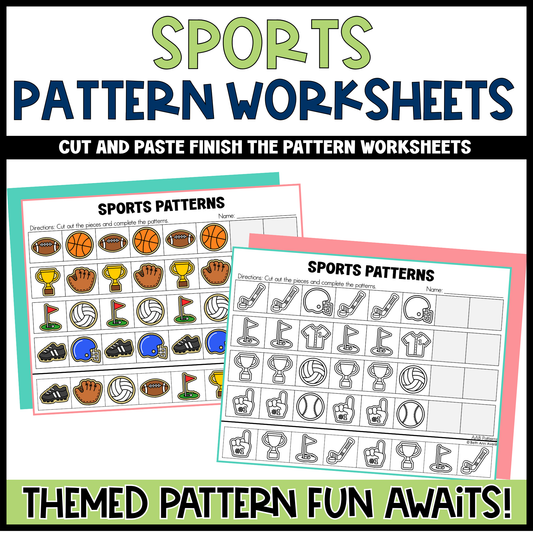Sports pattern worksheets with cut and paste activity on a white background