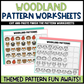 Woodland pattern worksheets with animal illustrations on a white background