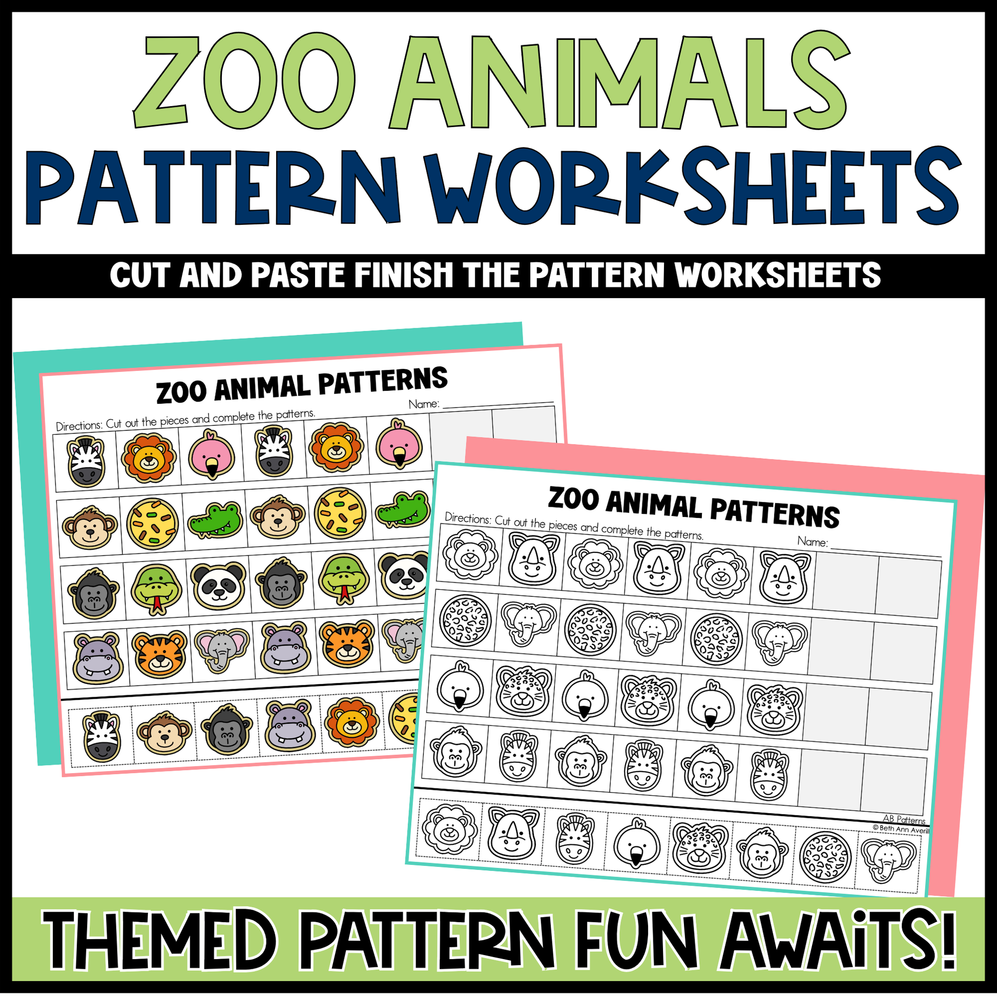Zoo animal pattern worksheets with cut and paste activity on a white background